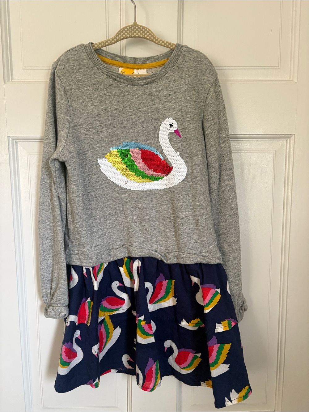 Mini Boden Grey and Navy Swan Sequin Dress with Rainbow Accents
